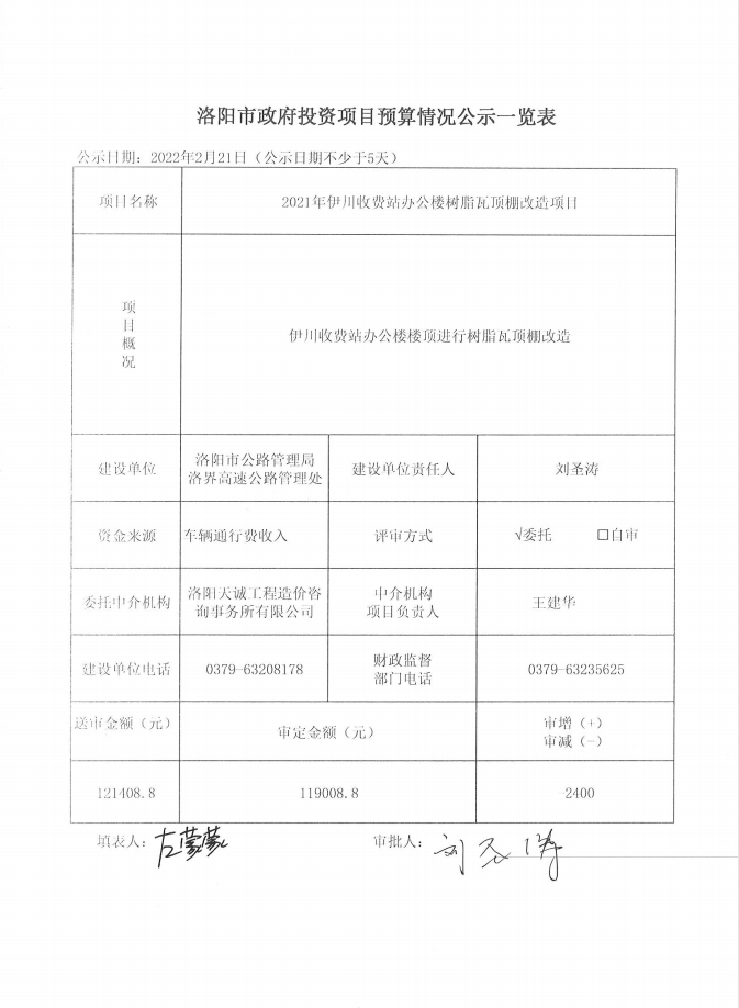 2021伊川收费站办公楼树脂瓦顶棚改造项目预算公示表