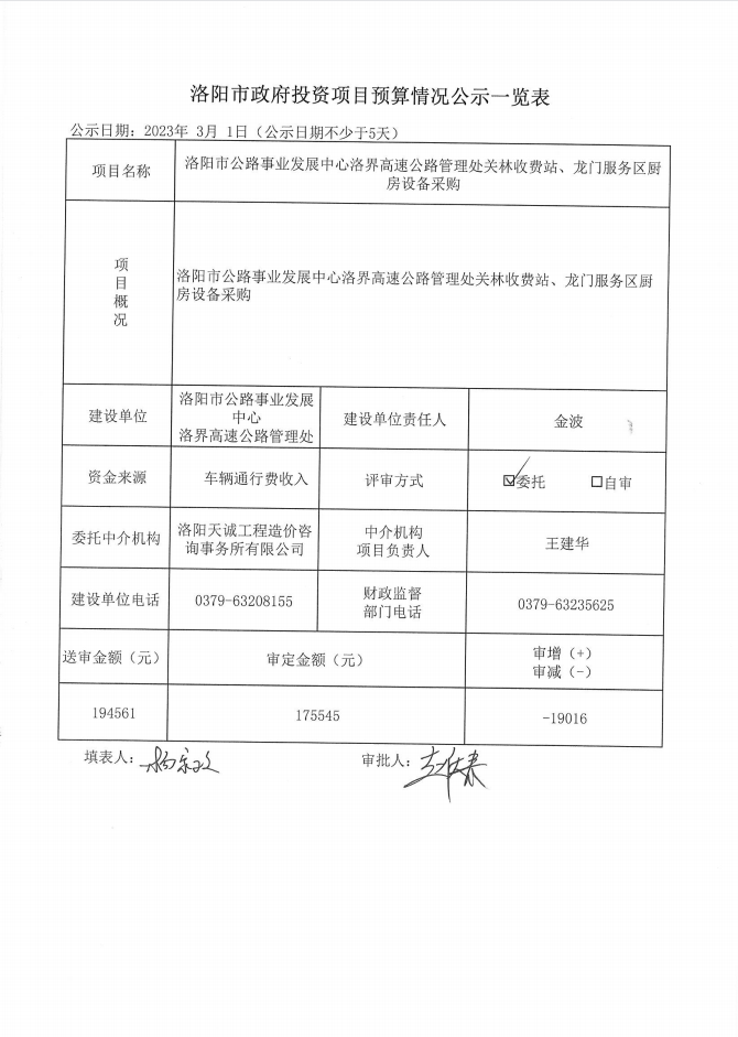 洛阳市公路事业发展中心洛界高速公路管理处关林收费站、龙门服务区厨房设备采购预算情况公示