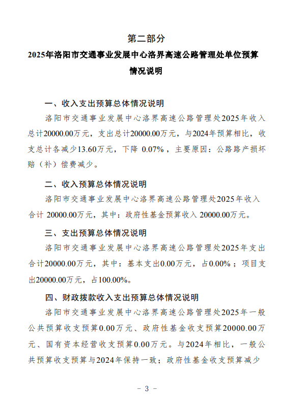 2025年洛阳市交通事业发展中心洛界高速公路管理处预算公开