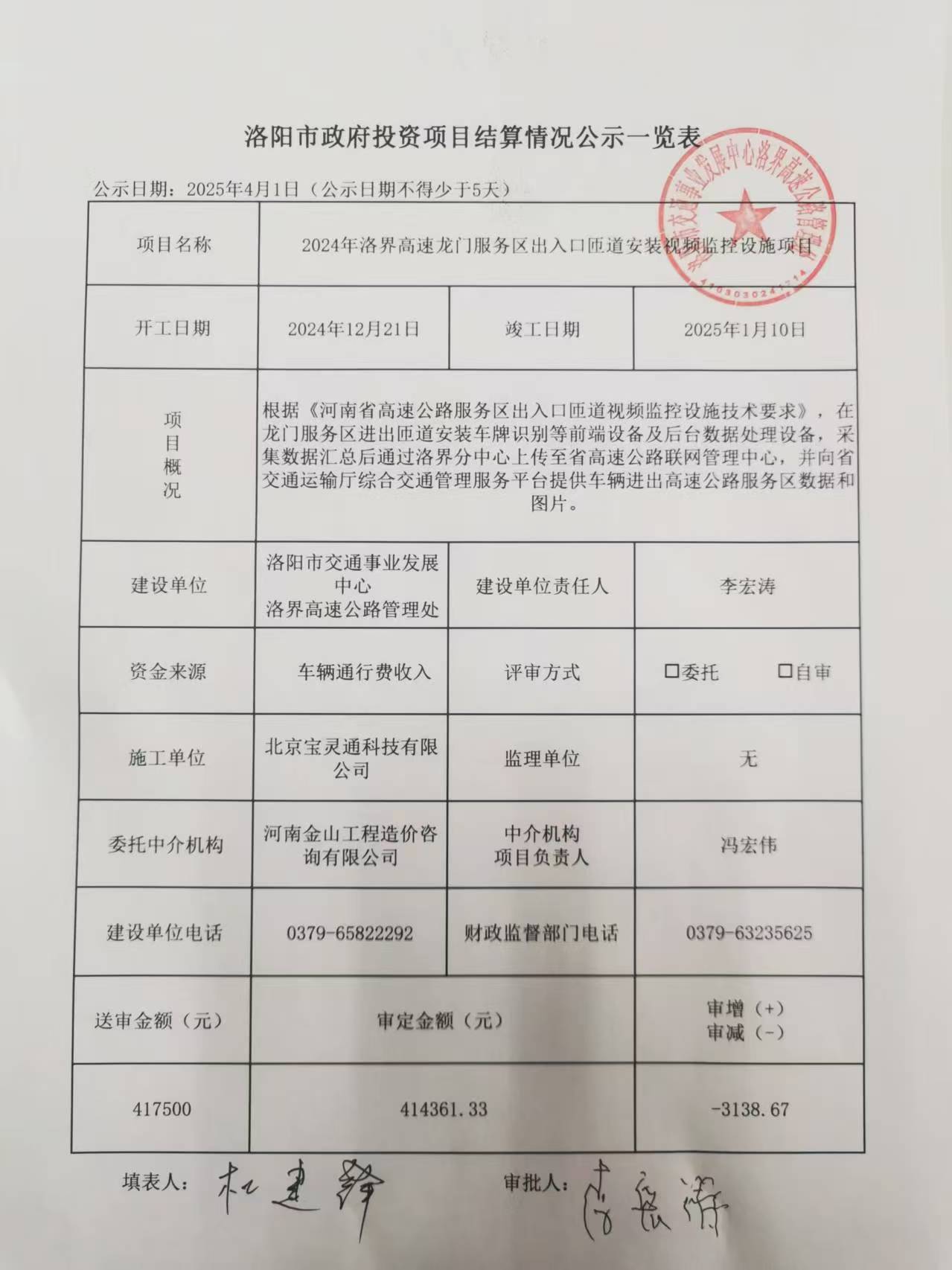 洛阳市政府投资项目结算情况公示一览表