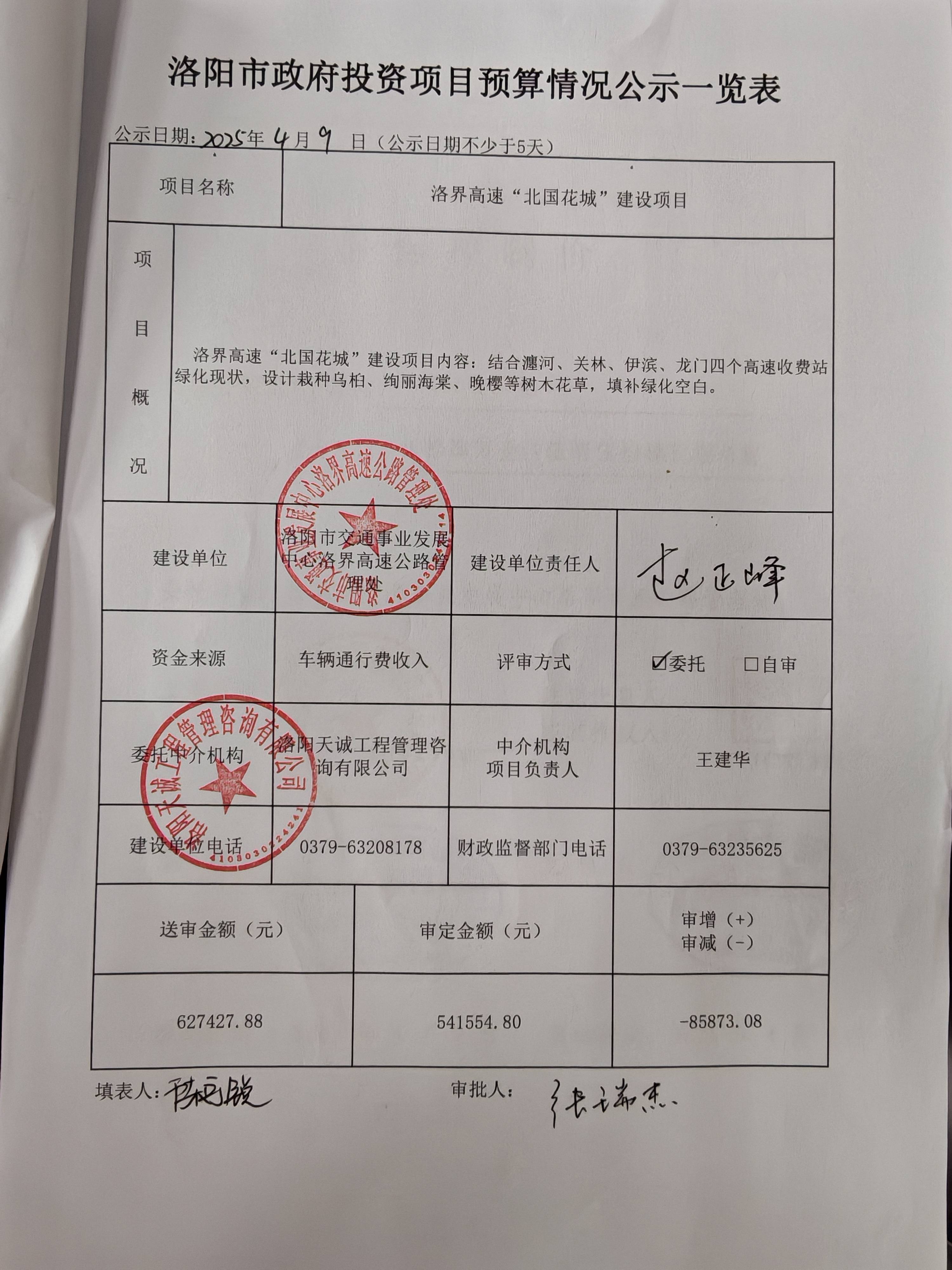 洛阳市政府投资项目预算情况公示一览表