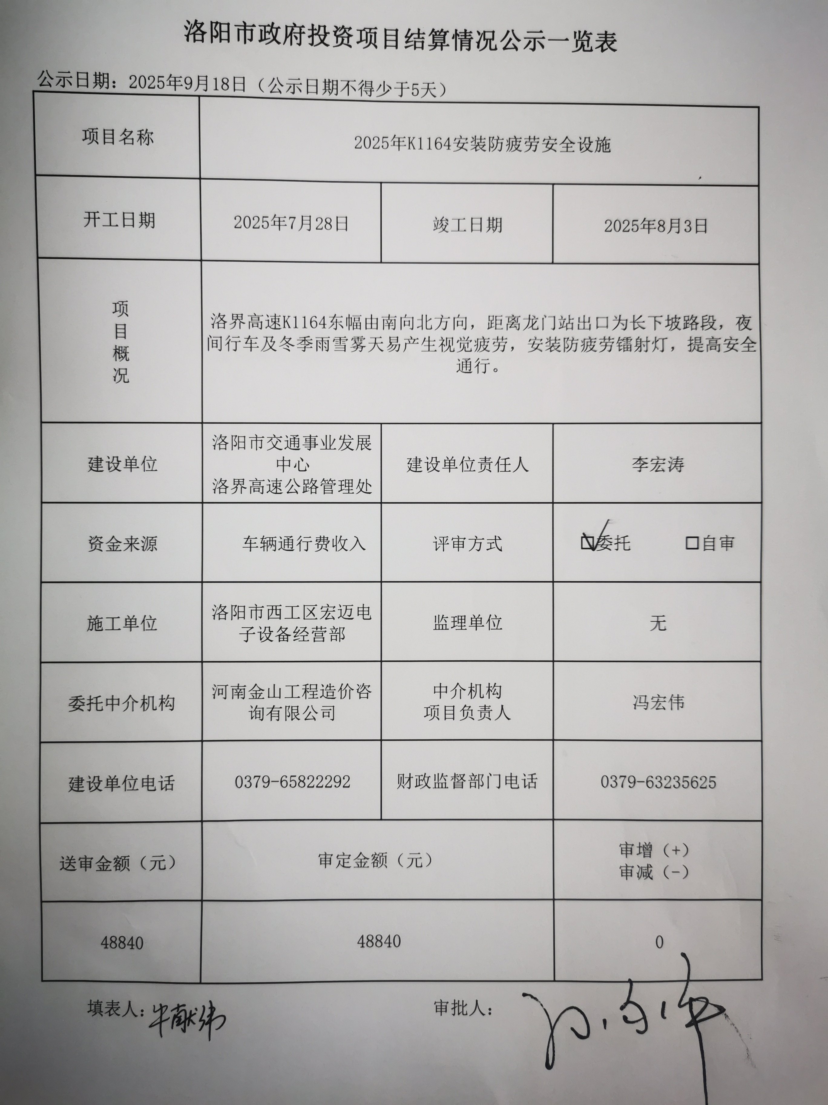 洛阳市政府投资项目结算情况公示一览表