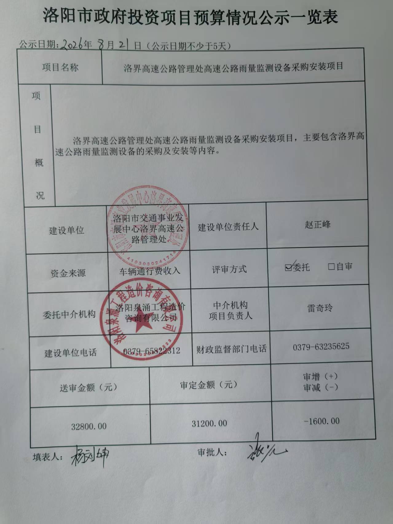 洛界高速公路雨量监测设备采购安装项目预算情况公示